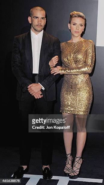 Actress Scarlett Johansson and husband Romain Dauriac arrive at Tom Ford Autumn/Winter 2015 Womenswear Collection Presentation at Milk Studios on...
