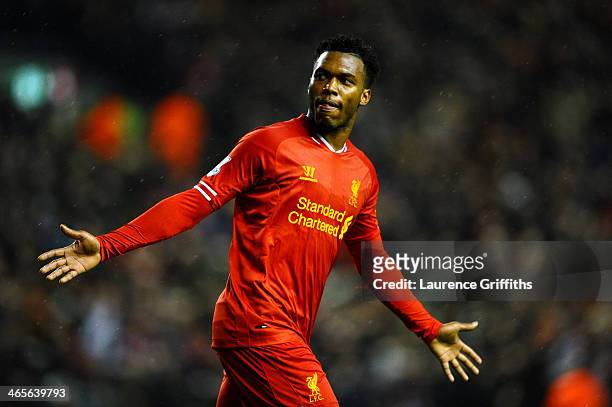 Daniel Sturridge of Liverpool celebrates after scoring his team's second goal during the Barclays Premier League match between Liverpool and Everton...