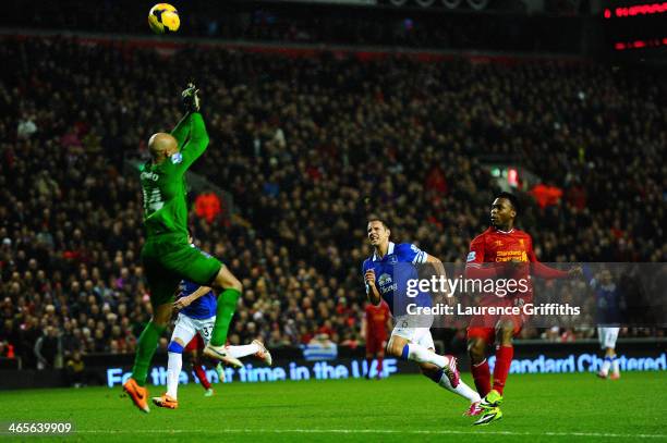 Daniel Sturridge of Liverpool chips the ball over goalkeeper Tim Howard of Everton to score his team's third goal during the Barclays Premier League...