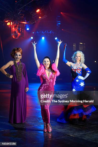 Dannii Minogue poses for a portrait with drag queens Bianca Del Rio and Courtney Act at the Royal Hall of Industries in Moore Park prior to Saturday...