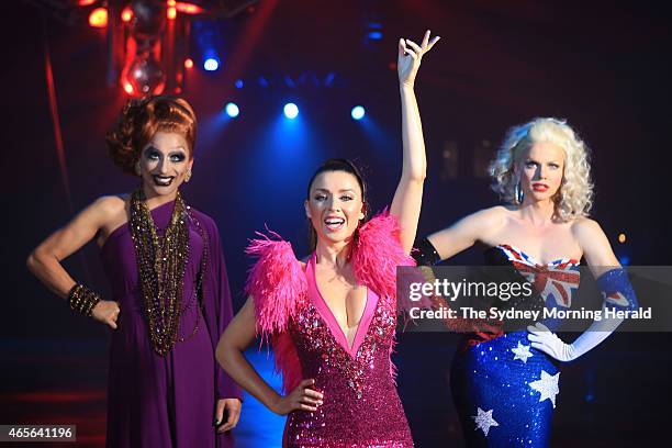 Dannii Minogue poses for a portrait with drag queens Bianca Del Rio and Courtney Act at the Royal Hall of Industries in Moore Park prior to Saturday...