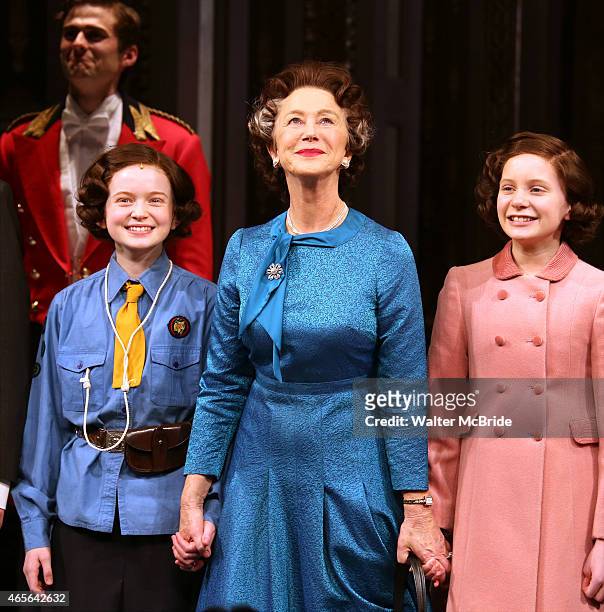Sadie Sink, Helen Mirren and Elizabeth Teeter take a bow during curtain call for the Broadway Opening night of 'The Audience' at the Gerald...