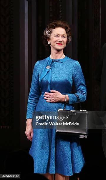 Helen Mirren takes a bow during curtain call for the Broadway Opening night of 'The Audience' at the Gerald Schoenfeld Theatre on March 8, 2015 in...