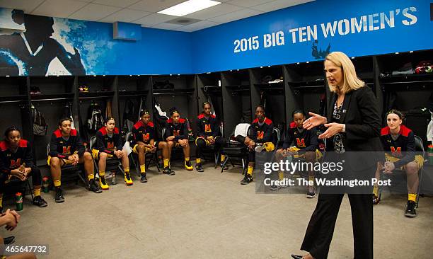 Maryland Terrapins head coach Brenda Frese rallies the team in the locker room prior to the finals of the Big Ten Women's Tournament at the Sears...