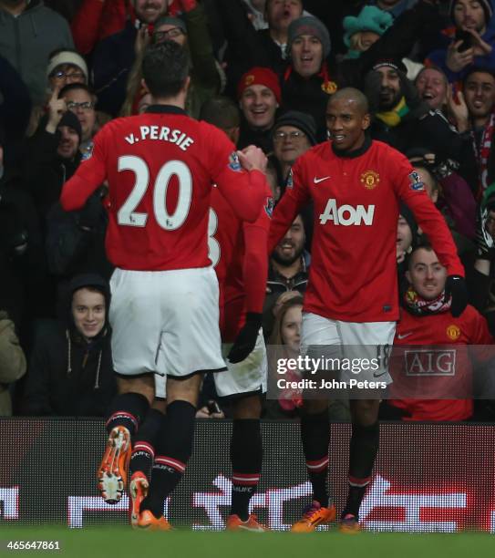 Ashley Young of Manchester United celebrates scoring their second goal during the Barclays Premier League match between Manchester United and Cardiff...