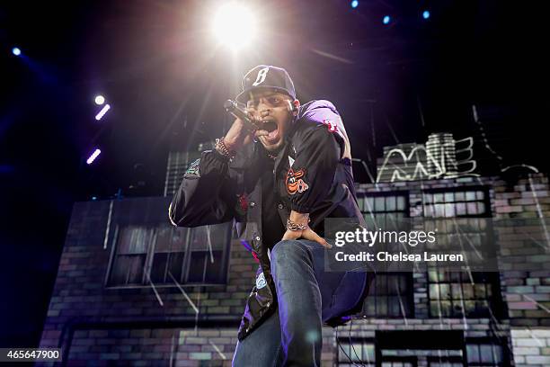 Singer Chris Brown performs during the 'Between the Sheets' tour at The Forum on March 8, 2015 in Inglewood, California.