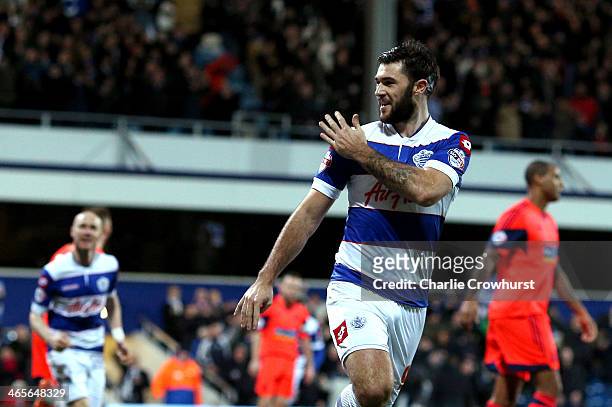 Charlie Austin of QPR celebrates after scoring the first goal of the game during the Sky Bet Championship match between Queens Park Rangers and...