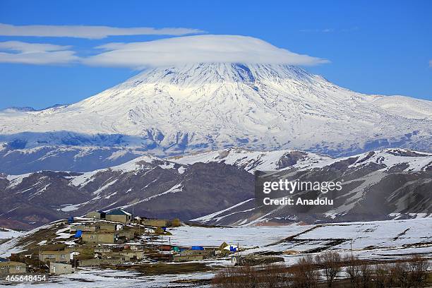 View of Mount Ararat, also known as Agri Mountain, in Agri, eastern Turkey on March 7, 2015. The snow mass on the foothills of Mount Ararat in...