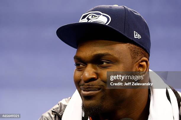 Defensive end Cliff Avril of the Seattle Seahawks speaks to the media during Super Bowl XLVIII Media Day at the Prudential Center on January 28, 2014...