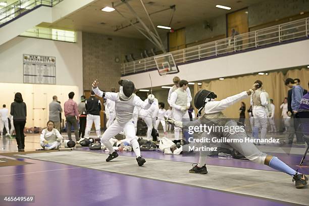 Fencing Invitational: Columbia Nzingha Prescod in action vs Notre Dame Adriana Camacho Ibanez during tournament at Coles Sports and Recreation...