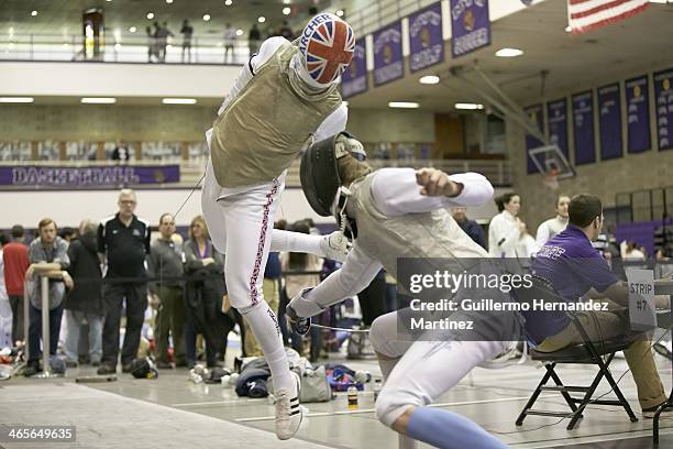 Fencing Invitational: Columbia Adam Mathieu in action vs Notre Dame Kristjan Archer during tournament at Coles Sports and Recreation Center. Mathieu...