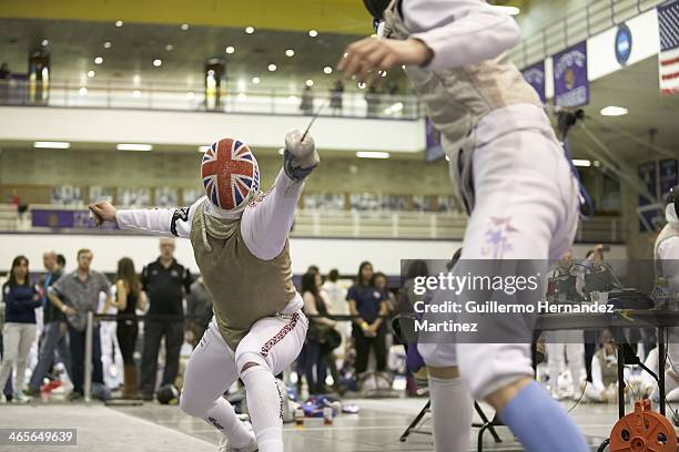 Fencing Invitational: Columbia Adam Mathieu in action vs Notre Dame Kristjan Archer during tournament at Coles Sports and Recreation Center. Mathieu...