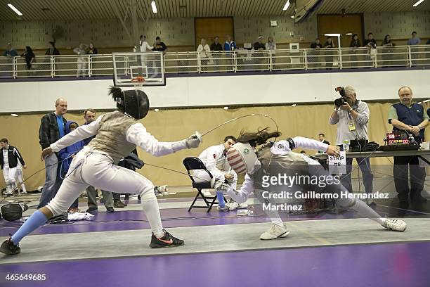 Fencing Invitational: Notre Dame Lee Kiefer in action vs Columbia Nzingha Prescod during tournament at Coles Sports and Recreation Center. Prescod...
