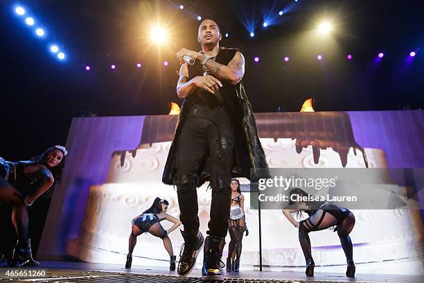 Singer Trey Songz performs during the 'Between the Sheets' tour at The Forum on March 8, 2015 in Inglewood, California.