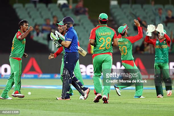 Rubel Hossain of Bangladesh celebrates after getting the wicket of Ian Bell of England during the 2015 ICC Cricket World Cup match between England...