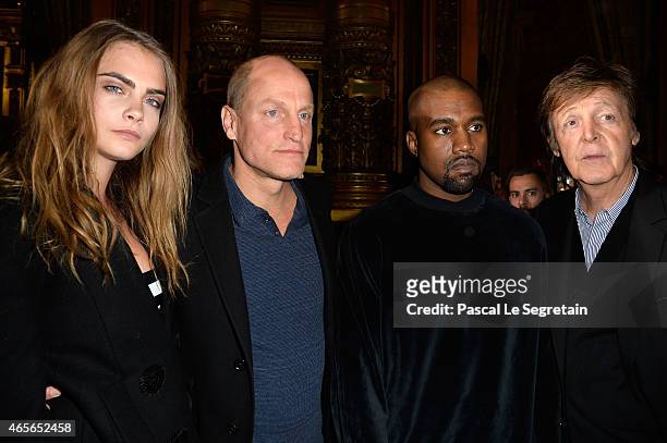 Cara Delevingne, Woody Harrelson, Kanye West and Paul McCartney attend the Stella McCartney show as part of the Paris Fashion Week Womenswear...