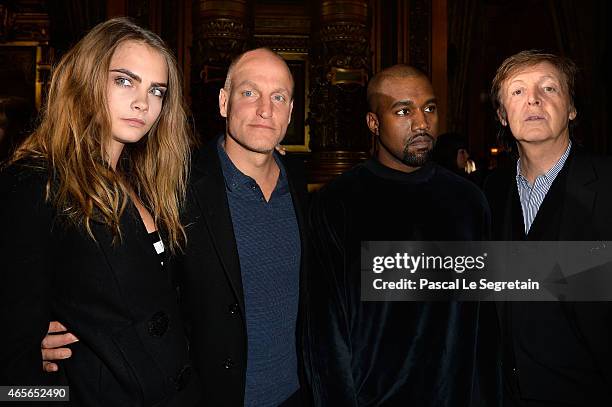 Cara Delevingne, Woody Harrelson, Kanye West and Paul McCartney attend the Stella McCartney show as part of the Paris Fashion Week Womenswear...