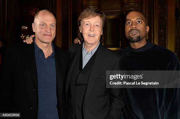 Woody Harrelson, Paul McCartney and Kanye West attend the Stella McCartney show as part of the Paris Fashion Week Womenswear Fall/Winter 2015/2016 on...