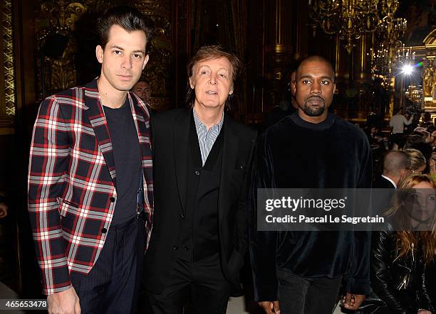 Mark Ronson, Paul McCartney and Kanye West attend the Stella McCartney show as part of the Paris Fashion Week Womenswear Fall/Winter 2015/2016 on...