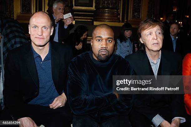 Woody Harrelson, Kanye West and Paul McCartney attend the Stella McCartney show as part of the Paris Fashion Week Womenswear Fall/Winter 2015/2016 on...