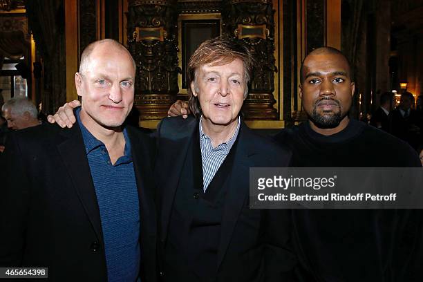 Woody Harrelson, Paul McCartney and Kanye West attend the Stella McCartney show as part of the Paris Fashion Week Womenswear Fall/Winter 2015/2016 on...