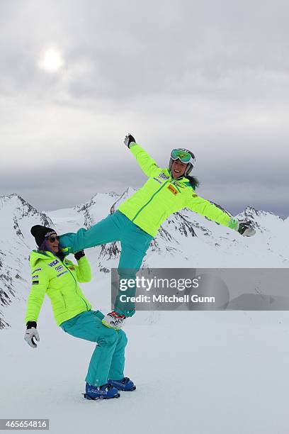 Laurenne Ross and Stacey Cook during the US Ski team's photoshoot on March 09 2015 in Soelden, Austria.