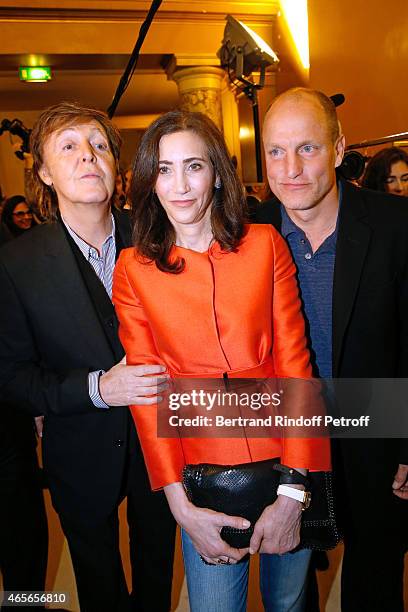 Singer Paul McCartney, his wife Nancy Shevell and Woody Harrelson pose Backstage after the Stella McCartney show as part of the Paris Fashion Week...