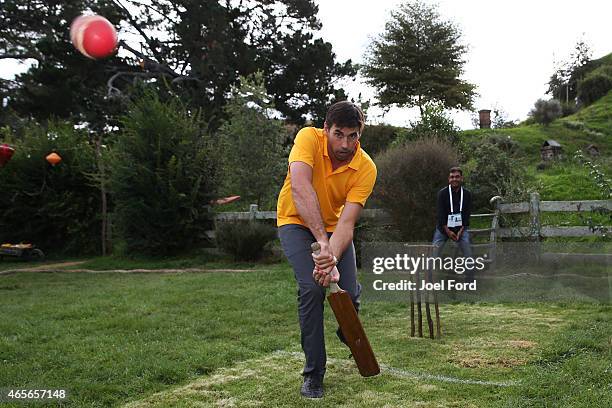 Stephen Fleming plays a shot during a backyard cricket match, captained by Kiwi cricket greats Sir Richard Hadlee and Stephen Fleming, - under the...