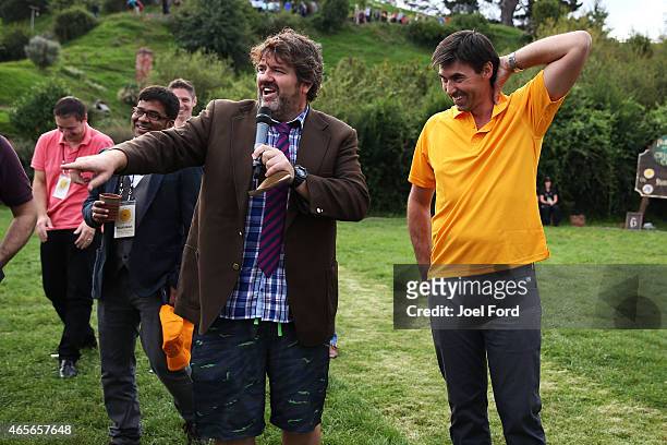 Stephen Fleming is interviewed by James McConie of The Crowd Goes Wild sports TV program during a backyard cricket match, captained by Kiwi cricket...