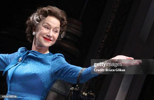Dame Helen Mirren takes her curtain call as "Queen Elizabeth" at The Opening Night of "The Audience" on Broadway at The Gerald Schoenfeld Theatre on...