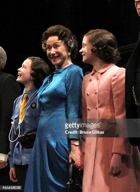 Sadie Sink, Dame Helen Mirren as "Queen Elizabeth" and Elizabeth Teeter take their curtain call at The Opening Night of "The Audience" on Broadway at...
