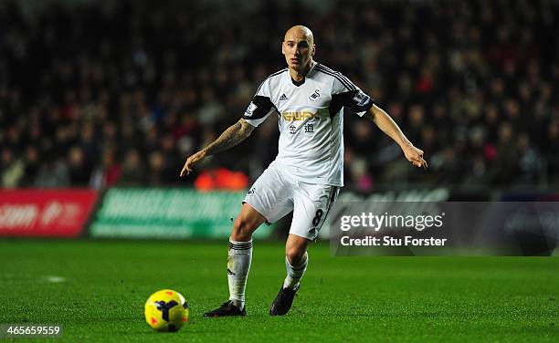 Jonjo Shelvey of Swansea in action during the Barclays Premier League match between Swansea City and Fulham at Liberty Stadium on January 28, 2014 in...