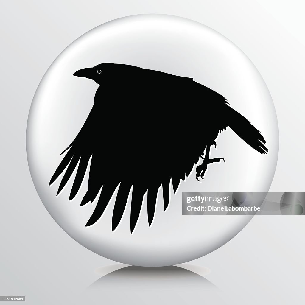Round Icon with Black Flying Crow Silhouette