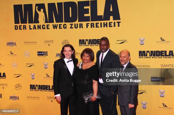 Justin Chadwick, Zindzi Mandela, Idris Elba and producer Anant Singh attend the premiere of the film 'Mandela: Long Walk to Freedom' at Zoo Palast on...