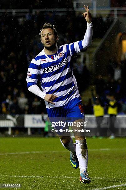 Adam Le Fondre of Reading celebrates after scoring his third and his team's fourth goal of the game during the Sky Bet Championship match between...