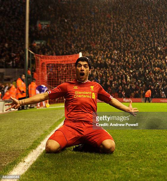 Luis Suarez of Liverpool celebrates his goal during the Barclays Premier League match between Liverpool and Everton at Anfield on January 28, 2014 in...