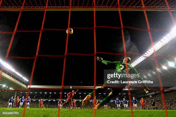 Daniel Sturridge of Liverpool puts his penalty attempt high over the crossbar of Tim Howard of Everton during the Barclays Premier League match...