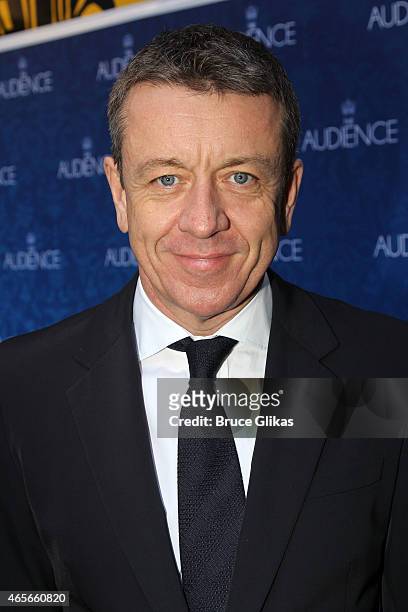 Playwright Peter Morgan poses at the Opening Night of "The Audience" on Broadway at The Gerald Schoenfeld Theatre on March 8, 2015 in New York City.