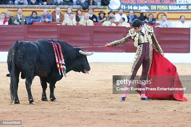 Miguel Angel Perera performs during a bullfight fair on March 7, 2015 in Olivenza, Spain.