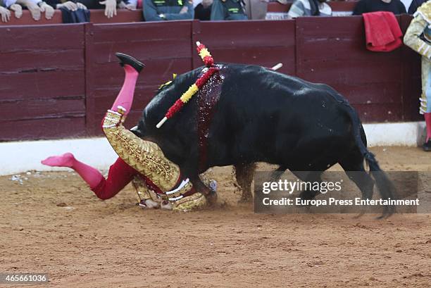 Francisco Rivera is gored during his return to bullfighting at Olivenza Fair on March 8, 2015 in Olivenza, Spain.