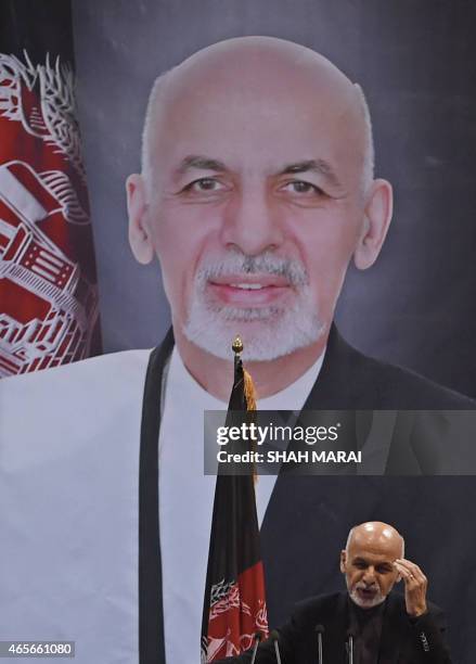 Afghan President Ashraf Ghani speaks during a ceremony to mark the first anniversary of the death of former Afghan vice president Mohammad Qasim...