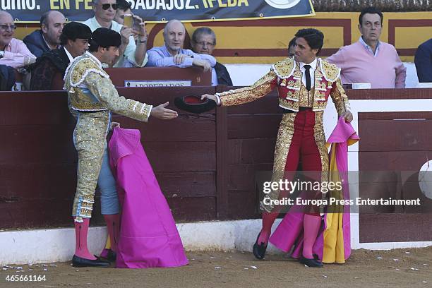 Francisco Rivera and Enrique Ponce perform during a bullfighting at Olivenza Fair on March 8, 2015 in Olivenza, Spain.