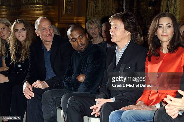 Cara Delevingne, Woody Harrelson, Kanye West, Paul McCartney and Nancy Shevell attend the Stella McCartney show as part of the Paris Fashion Week...