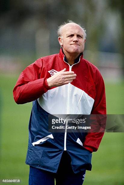 England coach Don Howe reacts during an England training session at Bisham Abbey on March 26, 1990.