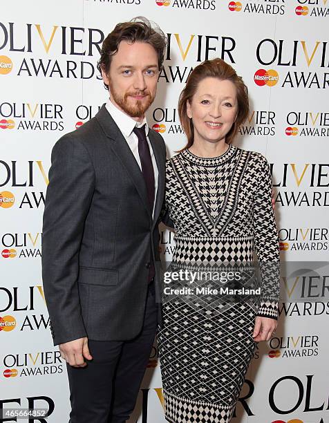 James McAvoy and Lesley Manville attend the nominations photocall for the Olivier Awards at Rosewood London on March 9, 2015 in London, England.