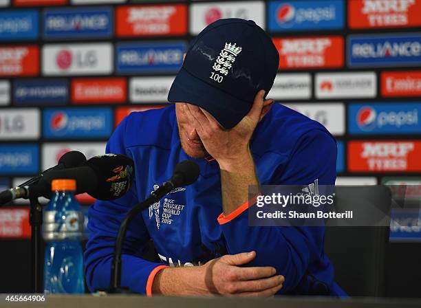 England captain Eoin Morgan looks dejected during a press conference after the 2015 ICC Cricket World Cup match between England and Bangladesh at...