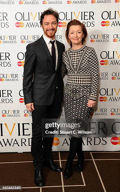 James McAvoy and Lesley Manville attend the nominations photocall for the Olivier Awards at Rosewood London on March 9, 2015 in London, England.