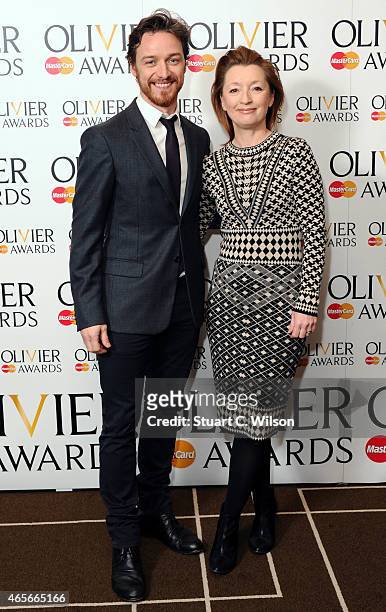 James McAvoy and Lesley Manville attend the nominations photocall for the Olivier Awards at Rosewood London on March 9, 2015 in London, England.