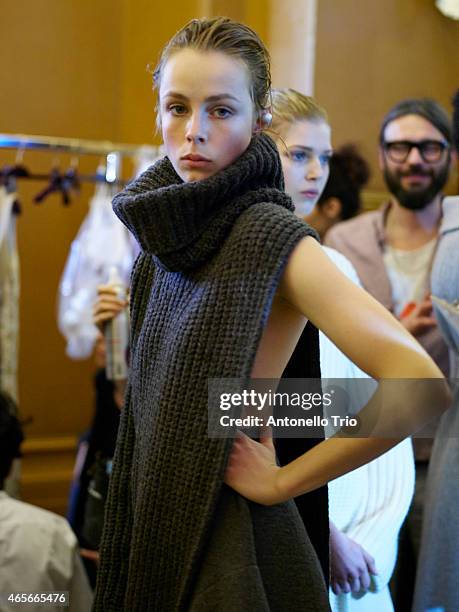 Model poses prior the Stella McCartney show as part of the Paris Fashion Week Womenswear Fall/Winter 2015/2016 on March 9, 2015 in Paris, France.