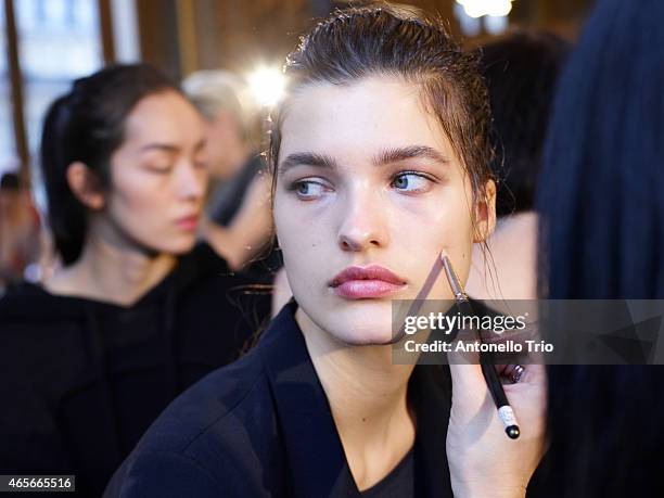 Model poses prior the Stella McCartney show as part of the Paris Fashion Week Womenswear Fall/Winter 2015/2016 on March 9, 2015 in Paris, France.